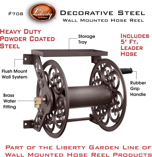 Liberty Garden 708 Steel Decorative Wall Mount Garden Hose Reel, Holds 125-Feet of 5/8-Inch Hose - Bronze - Image 2