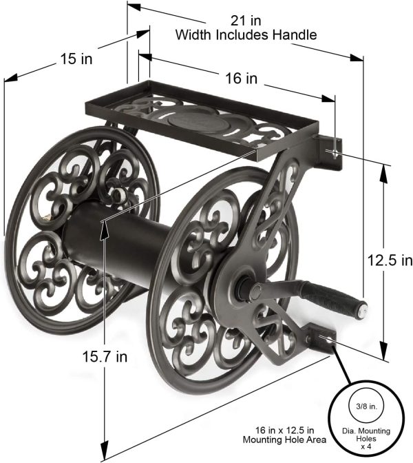 Liberty Garden 708 Steel Decorative Wall Mount Garden Hose Reel, Holds 125-Feet of 5/8-Inch Hose - Bronze - Image 6